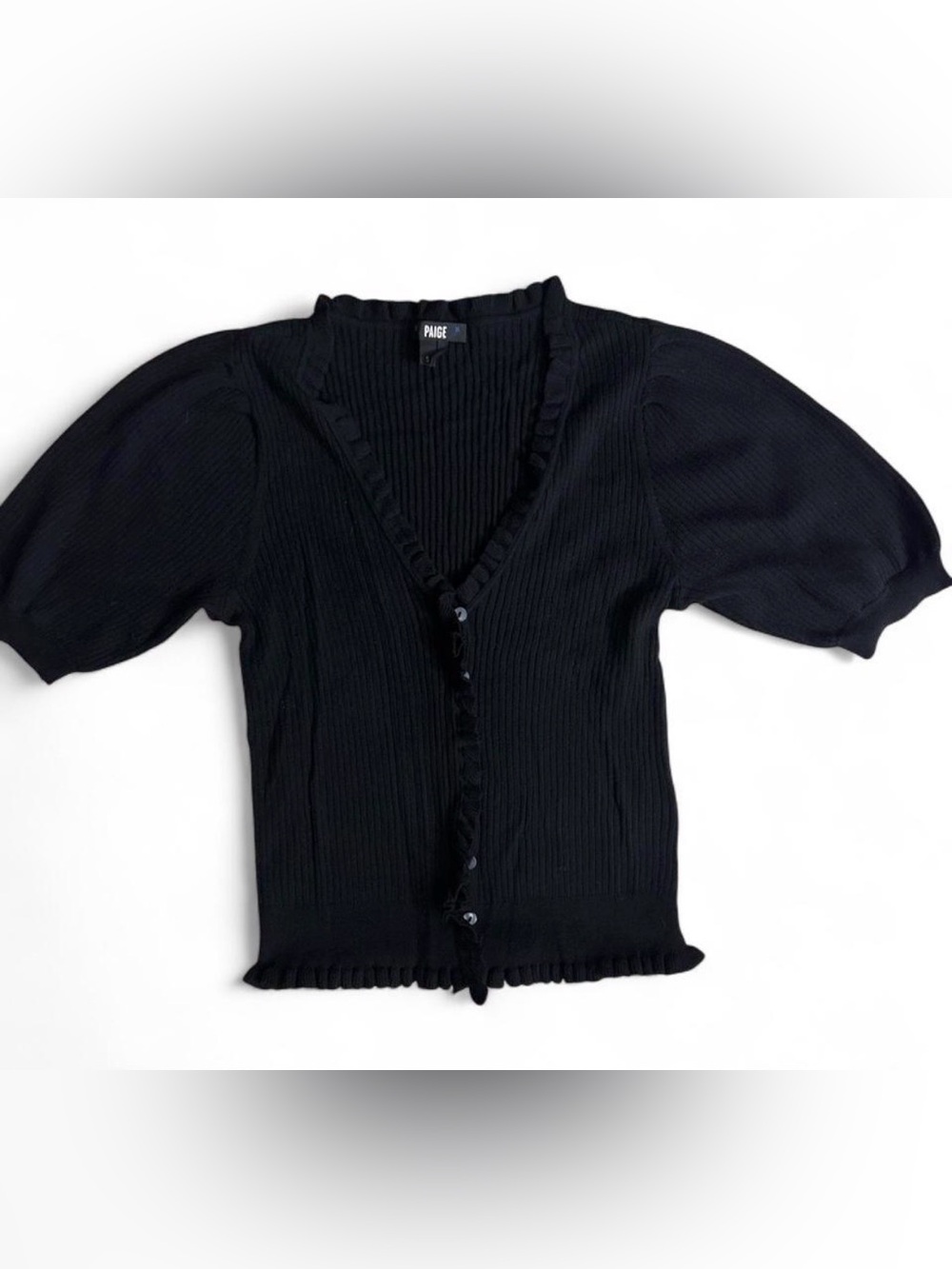 PAIGE Black Ribbed V-Neck Button Cardigan with Ruffle Trim